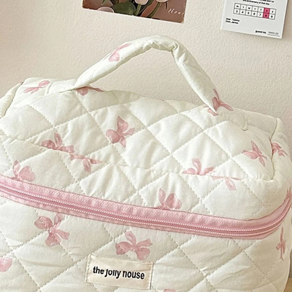 Cute Bow Toiletry Bag with Zipper Makeup Organizer Storage Bag Cotton Quilted Cosmetic Organizer Case for Women 251110