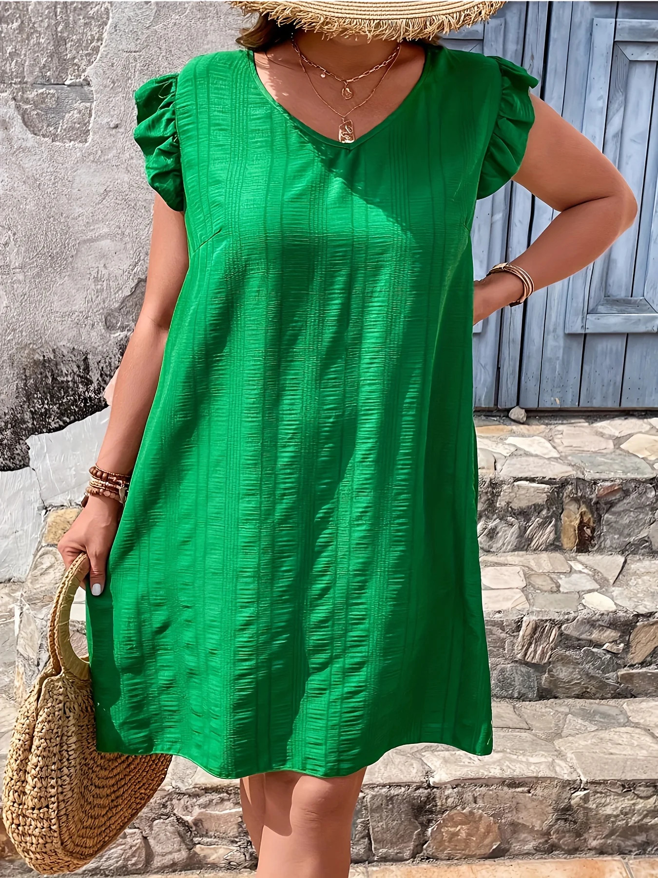 Plus size summer womens elegant dress casual vacation solid knot V-neck loose tuned dress 250409