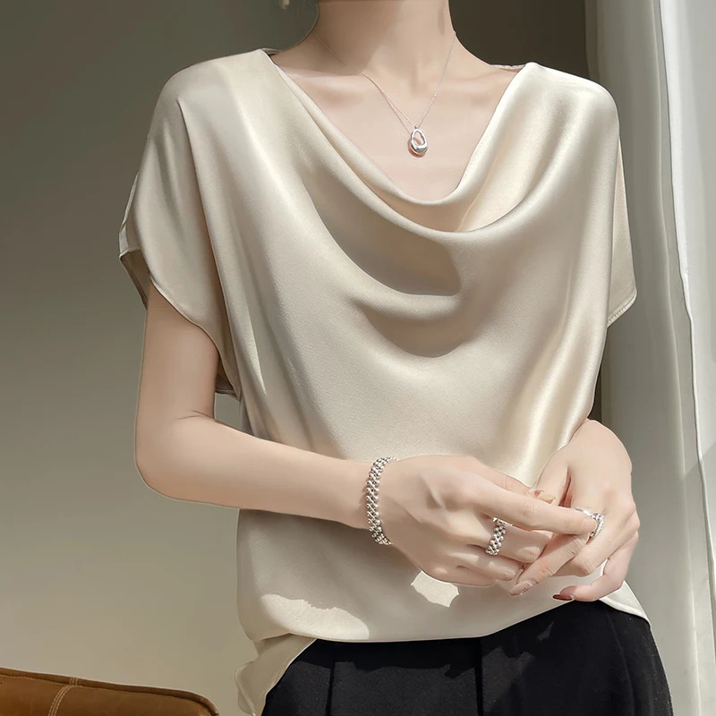 Summer satin short sleeved T-shirt suitable for women loose dress and acetate bottom shirt 250410