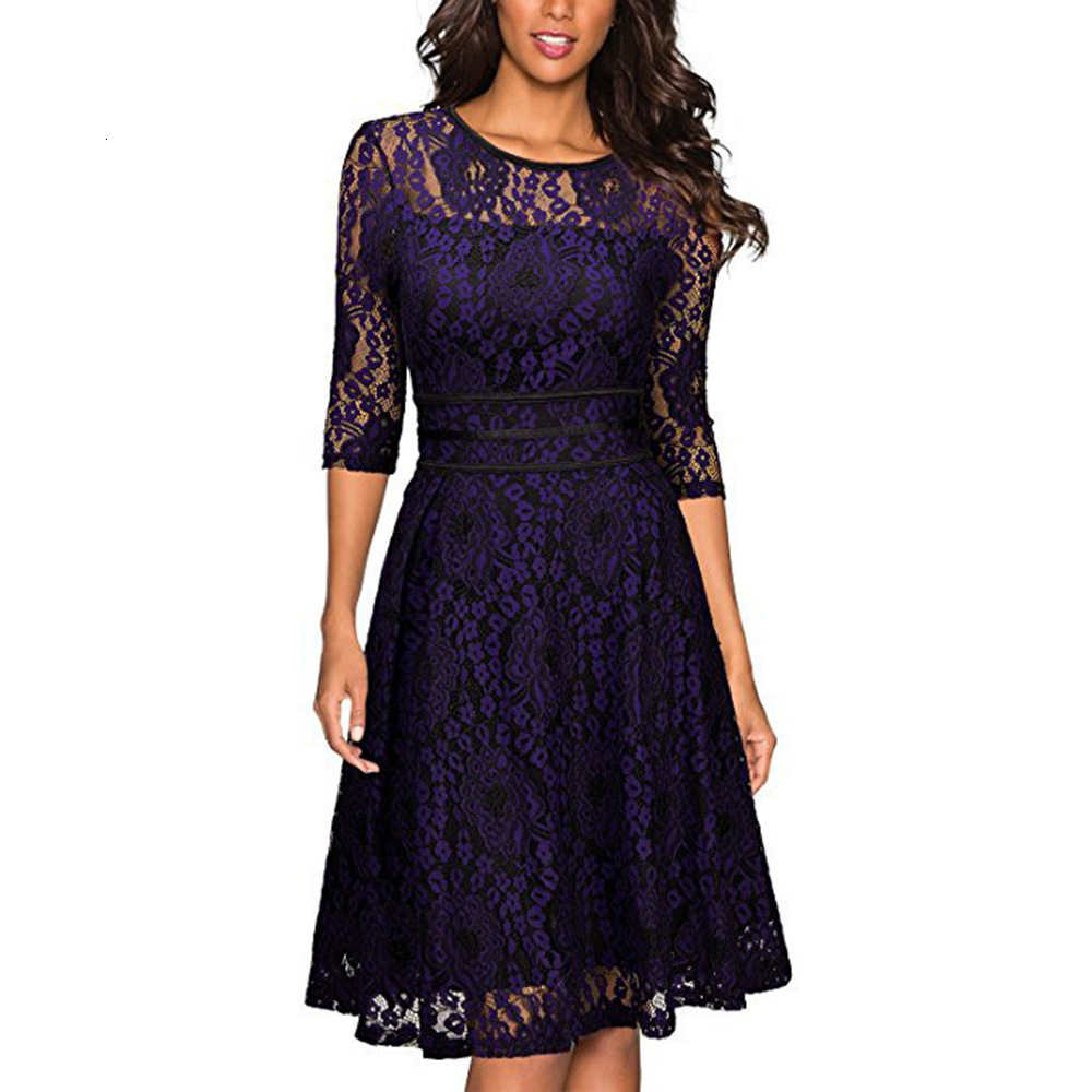 2025 Spring and Autumn New Women's Splicing Lace Slimming Dress Elegant