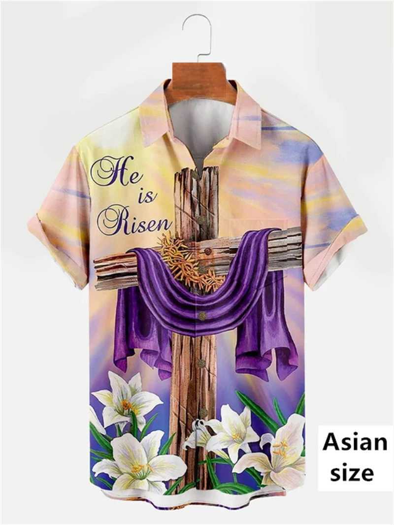 Easter Summer Jesus Cross Mens Short Sleeve 3D Printed Rabbit Egg Printed Button Up Shirt Casual Christian Shirt X250410