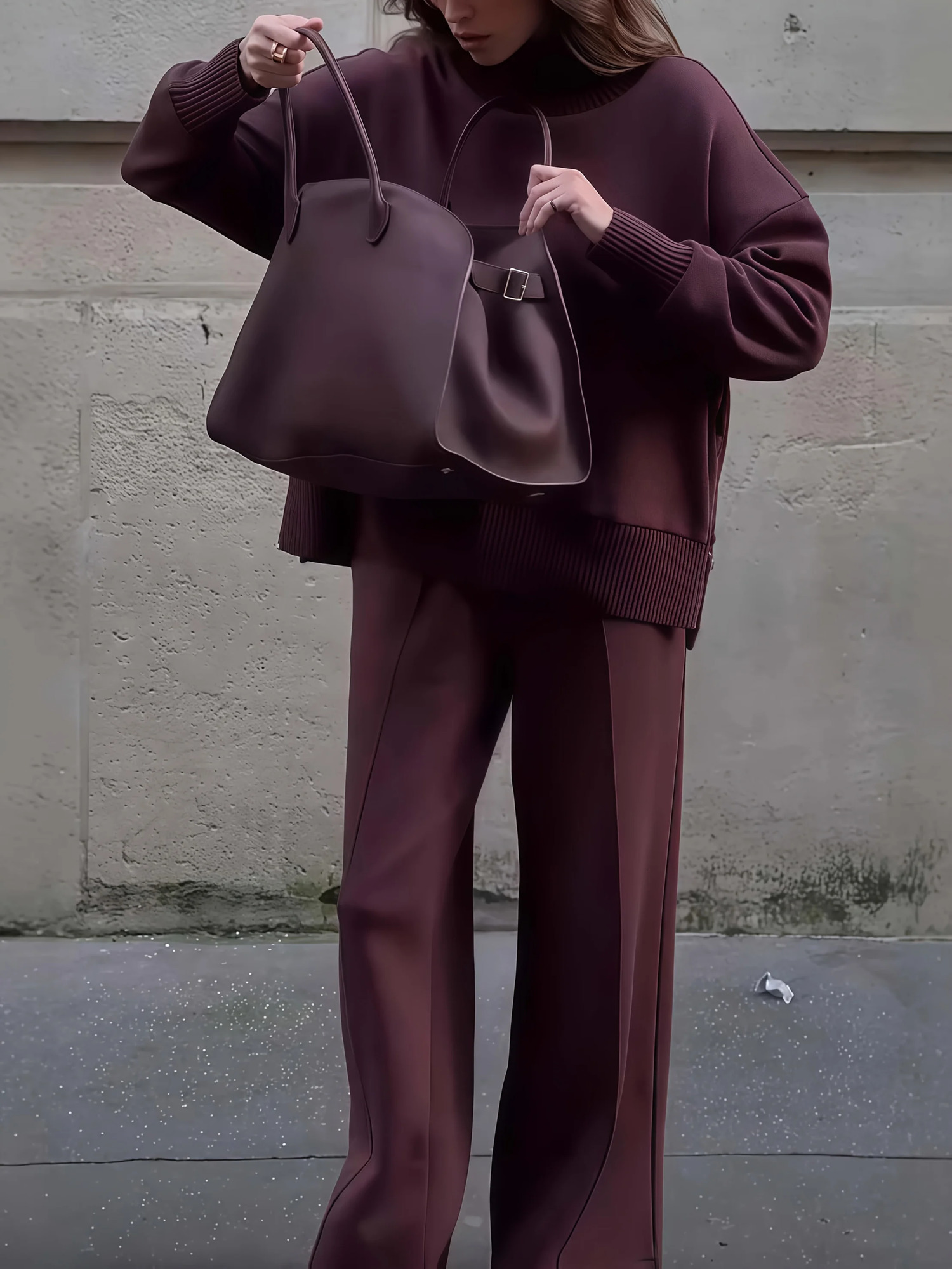 womens fashionable casual sportswear twopiece set wool wide leg pants 251110