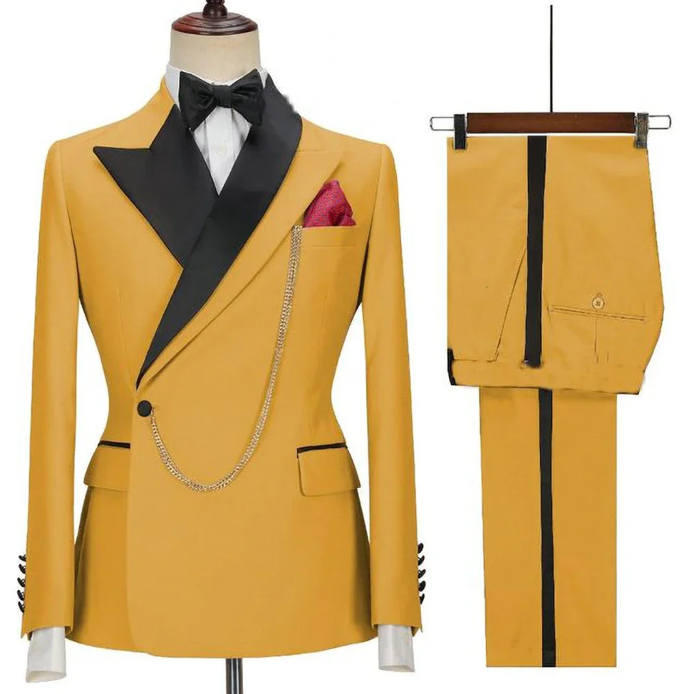 Yellow Men Suits Latest Lapel One Button Casual Slim Male Suit Business Wedding Groom Elegant 2 Piece Blazer Pants 250409