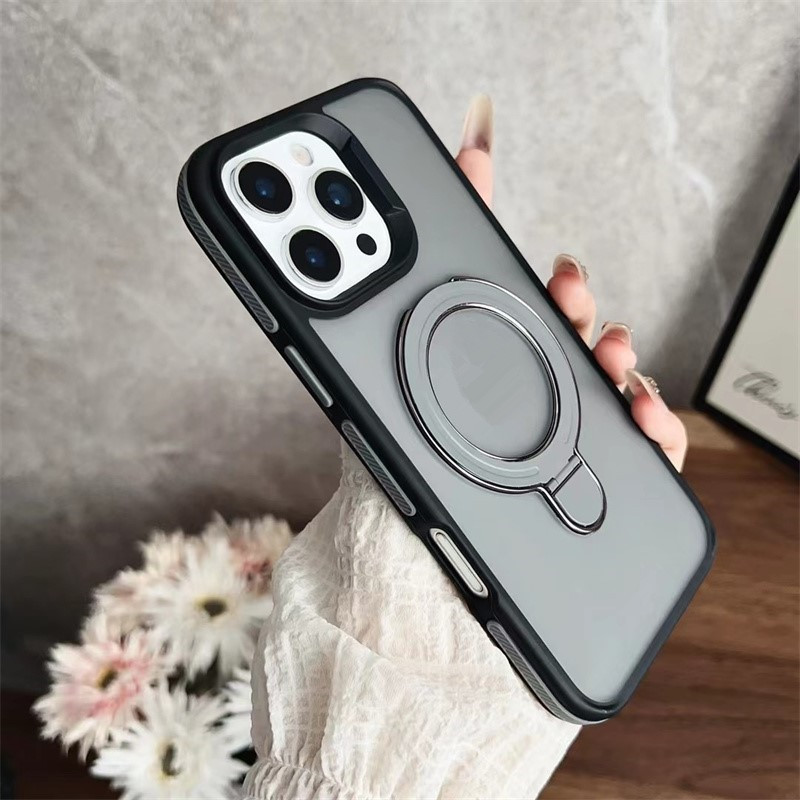 For Magsafe Magnetic Kickstand Stand Matte Case For iPhone 17 air 16 15 14 Plus 13 12 11 Pro Max Transparent Metal Wireless Charge Ring Cover