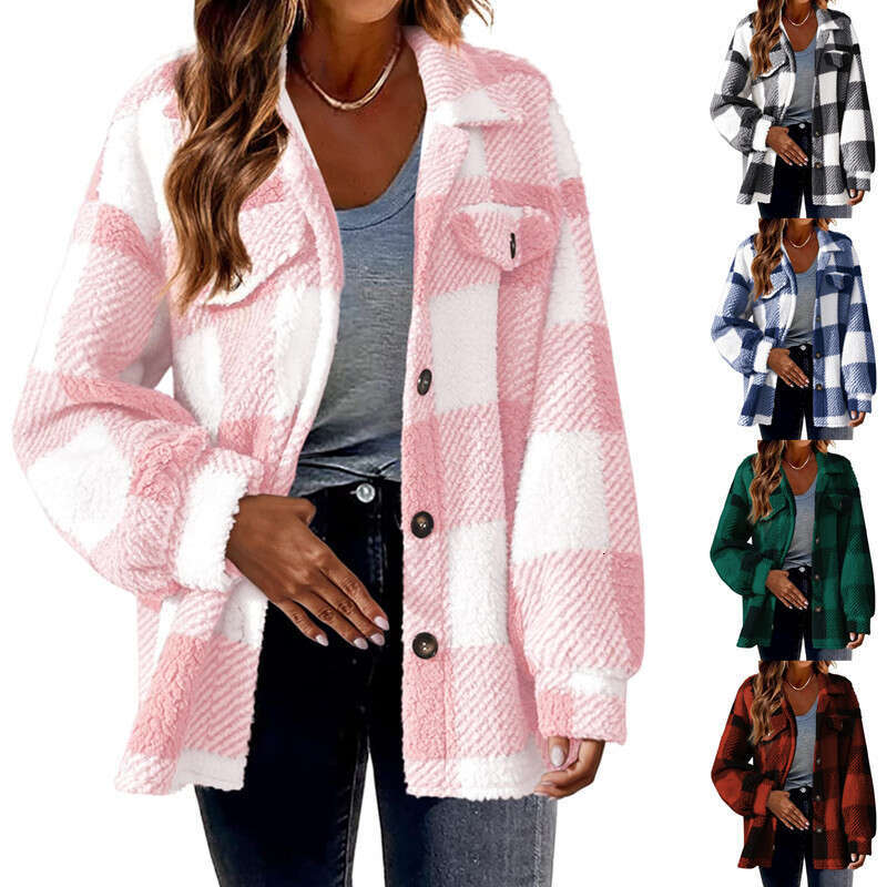 2025 New Cross-Border Women's Clothing Amazon Autumn Winter Plaid Lamb Wool Jacket with Pockets Button Plush Coat