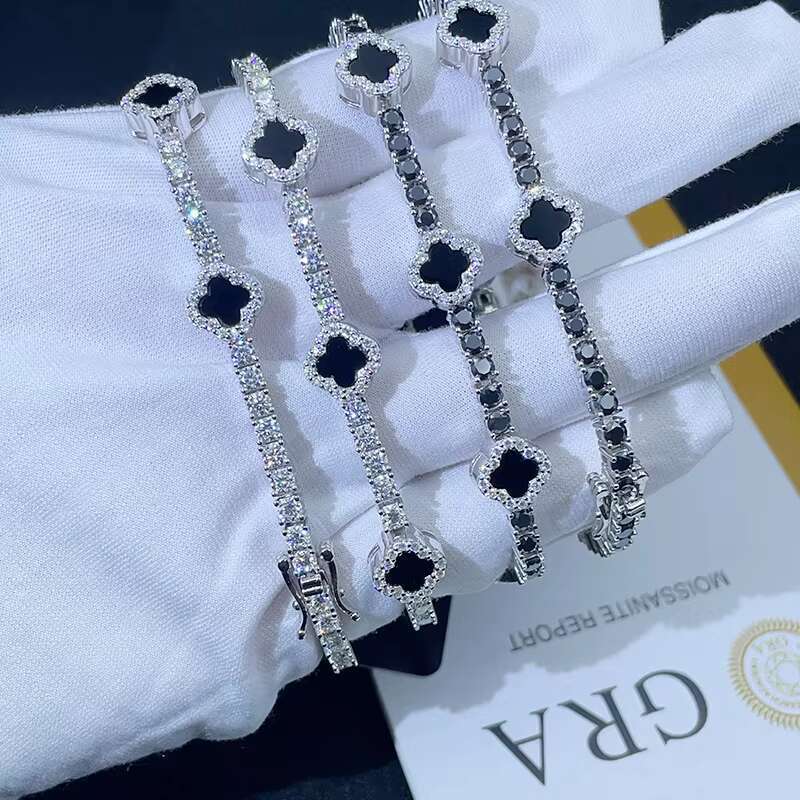 New Design Pass Test 3mm 925 Sterling Silver Luxury Hip Hop Jewelry Moissanite Diamond Four Cleef Clover Tennis Chain Bracelets