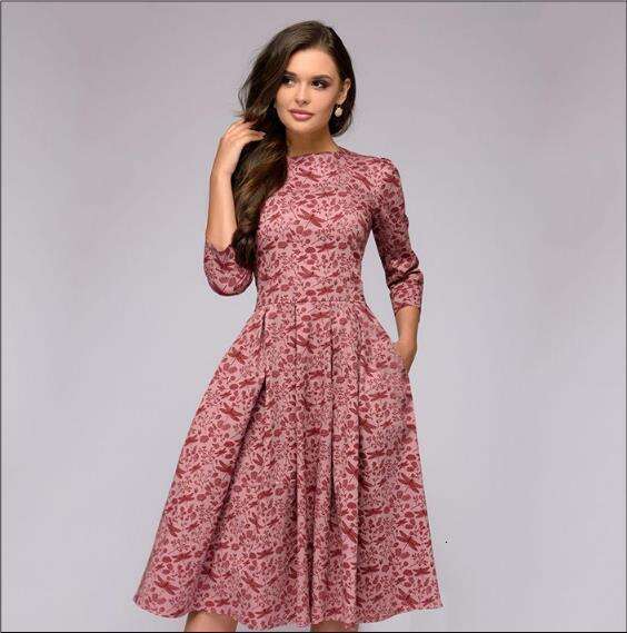 2022wish European and American Autumn Winter Women's A-line Party Retro Small Floral Three-quarter Sleeve Round Neck Dress