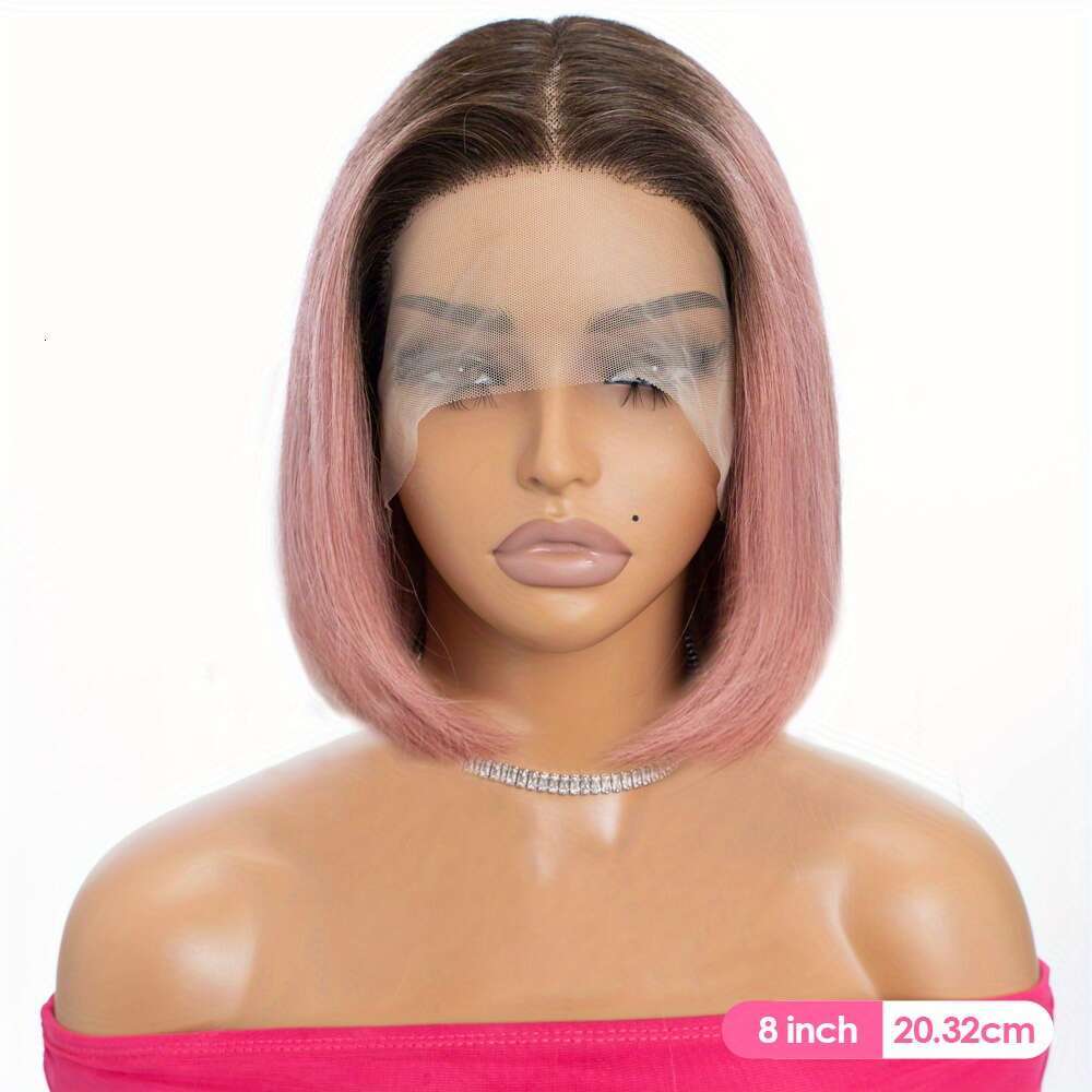 Natural Looking Human With Transparent Lace Front 13X6x1 Ombre Pastel Short Bob Cut, Bleached Knots Pre-Plucked - Lightweight Pink Hair Wig Women Men,