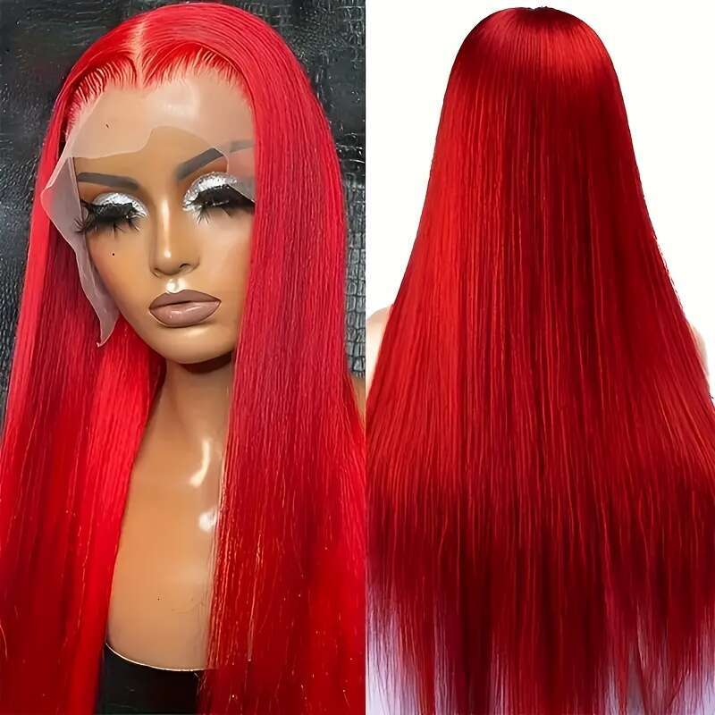 180% Density 13X4 Red For Women Pre-Plucked Baby Brazilian Virgin Straight Lace Front Long Human Hair Wigs