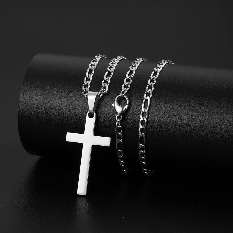 Hot selg stainless steel cross necklace for men's Figaro chain black sier gold ten pendant