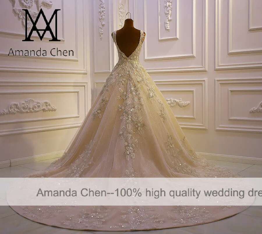 Customized AM768 Cap Sleeve Lace Applique Low Back Champagne Simple Wedding Dress