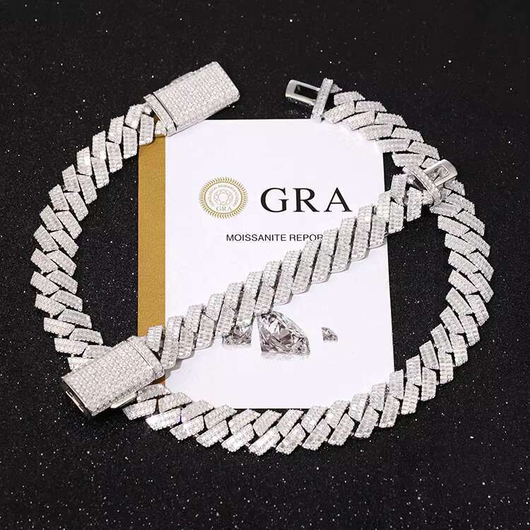 Luxury Jewelry 925 Solid Silver Gold Plated GRA Certificate 20mm Wide Baguette Moissanite Diamond Necklace Cuban Link Chain