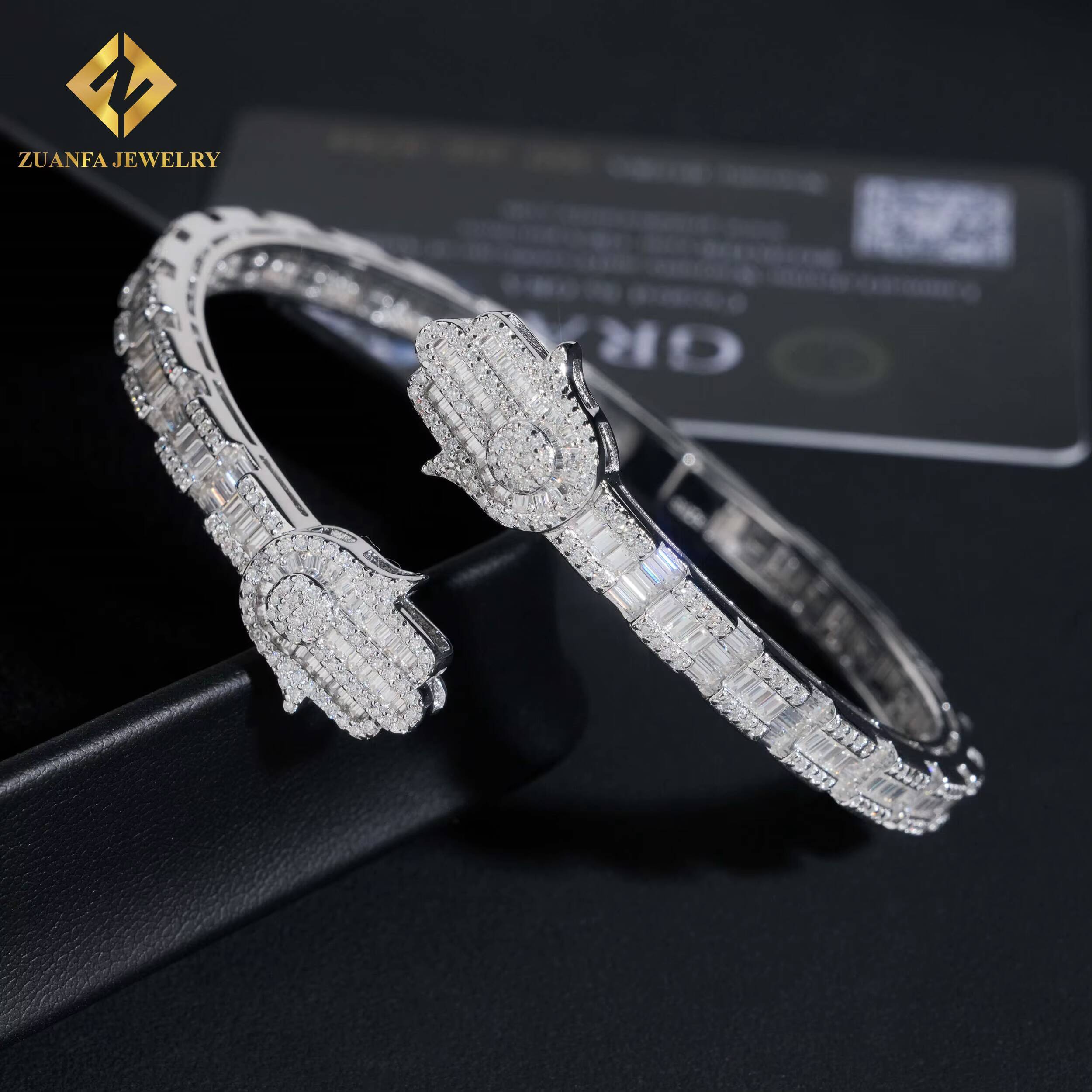 New Arrival 925 Silver Baguette Diamond Hamsa Hand Moissanite Bangle Bracelet Fashion Hip Hop Men VVS Moissanite Bracelets