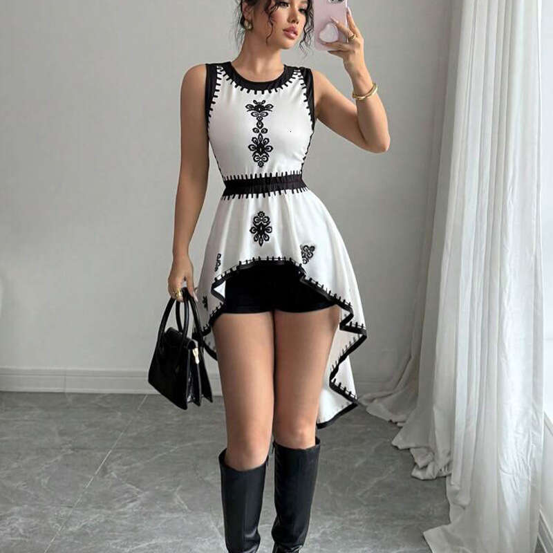 2025 Summer Amazon Cross-Border Foreign Trade European and American Irregular Color-Block Vest Swallowtail Sleeveless Pullover Top Women's Fashio