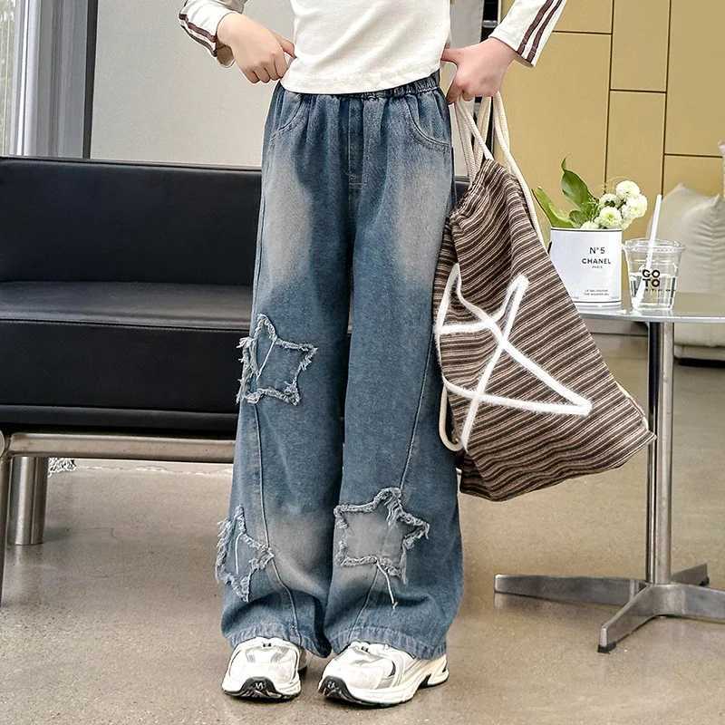 Hot Sale Teens School Trousers Spring Star Design Casual Loose Jeans for girl Elastic Waist Fashion kids Straight Pants C251110