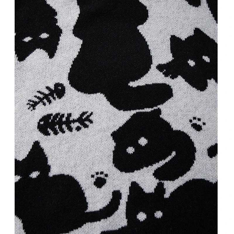Fashion CALESECT Cartoon Black Cat Oversize Knit Sweater Y2K Aesthetic Jumper Loose Fit Streetwear Vintage Unisex Women Men Pullover Top Y251110