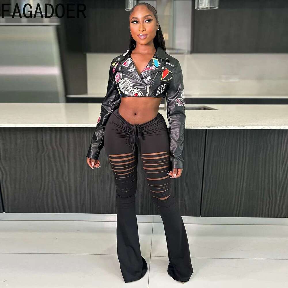 FAGADOER Y2k Punk Gothic Leather Women Cropped Lapel Letter Embroidery Moto Jacket Coat Short Female Streetwear New