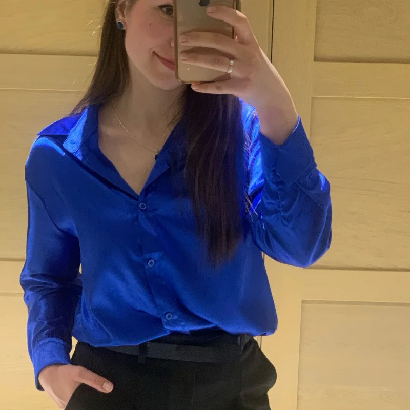 Satin shirt womens polo neck office womens shirt retro blue green silk shirt loose button up and down shirt black fashionable top 250409