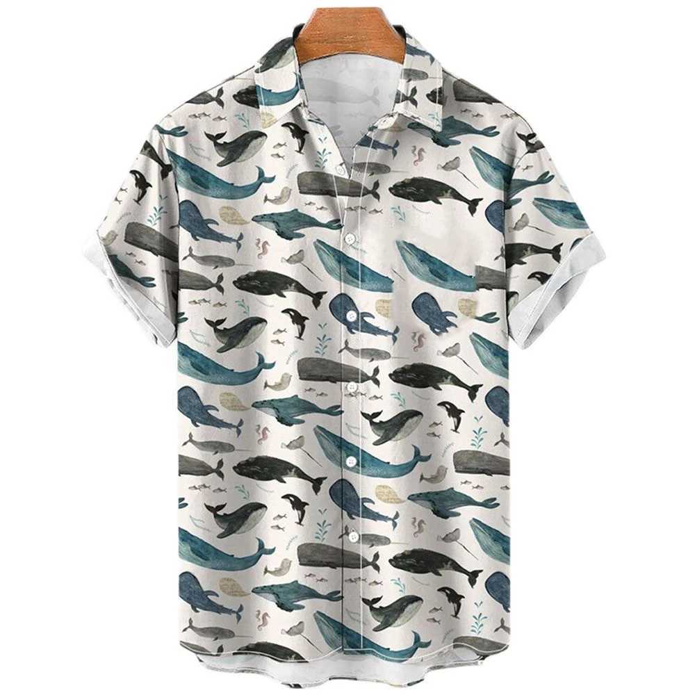 Marine animal whale 3D printing Hawaiian beach shirt mens casual fashion street clothing short sleeved shirt top mens clothing X250410