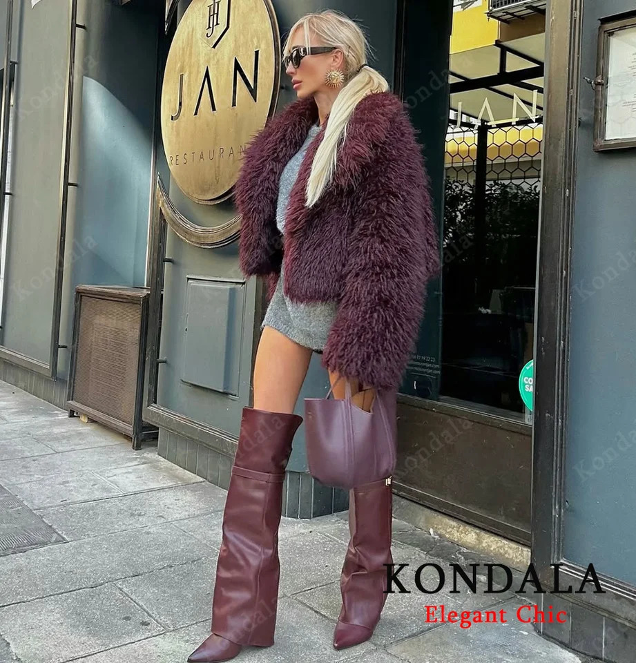 KONDALA Fluffy Fur Short Coat Womens Fall Winter High Street Faux Fashion Elegant Vintage Ladies Lapel Y2K 251110