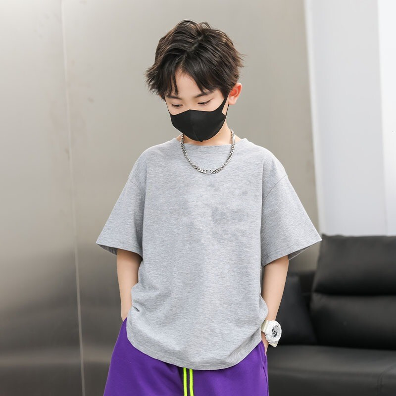 GS- Ddmyshoesvip Boys Short Sleeved Pure Cotton Loose Shoulder Top Summer Clothing Boys Big Children S T Shirt Trendy