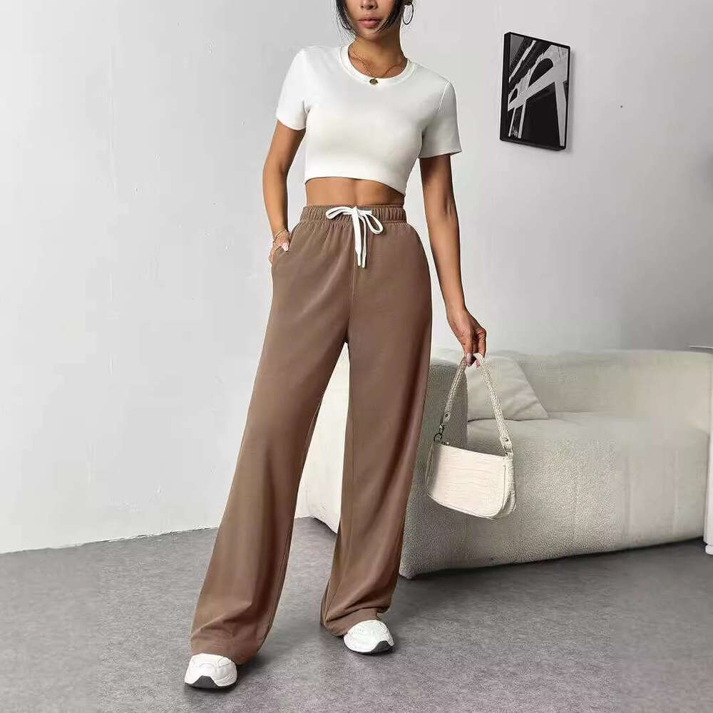 2025 Amazon Cross-Border Autumn Winter Women's Wide-Leg Sweatpants High Waist Loose Casual Drawstring Fitness Pants with Pockets