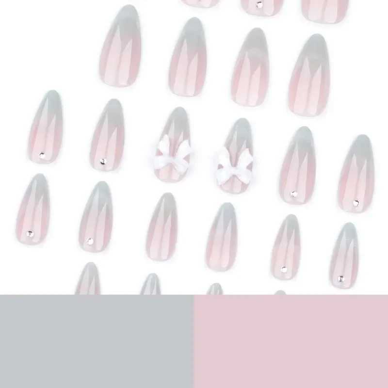 24 Sweet Cat Eye Almond French Pressing Nails with 3D Bow and Rhinestone Decoration Fully Covered with Female Fake Nails W250410