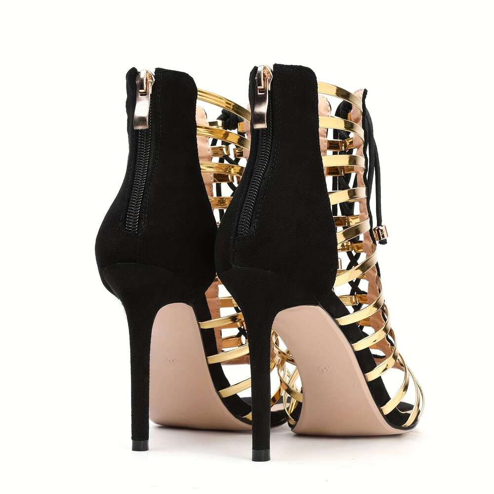 Black/Red Women's Hollow Lace-Up Heel Sandals Slim High Heel, Open Toe & Side Zipper Summer Evening Dress Shoes