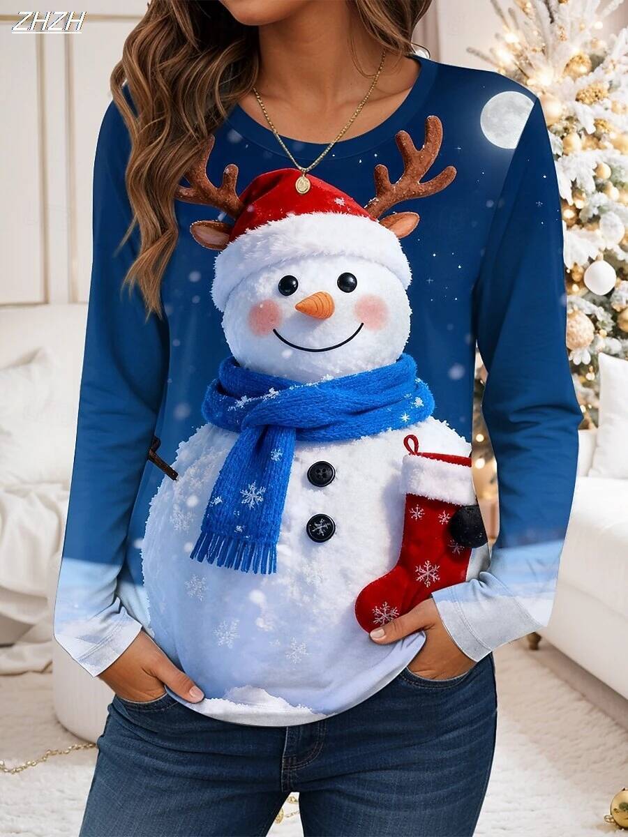 Ddmytues Christmas Women's Festive Snowman Print Long Sleeve, Holiday Graphic Top, Round Neck Casual Style, Fall Winter Seasonal Wear
