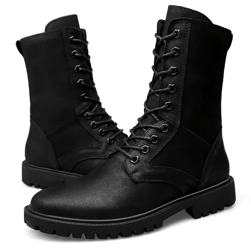 Winter Men High Leather Boots Combat Tactical Shoes Hunting Pure Black Plus Big Size 49 50 51 52 251107