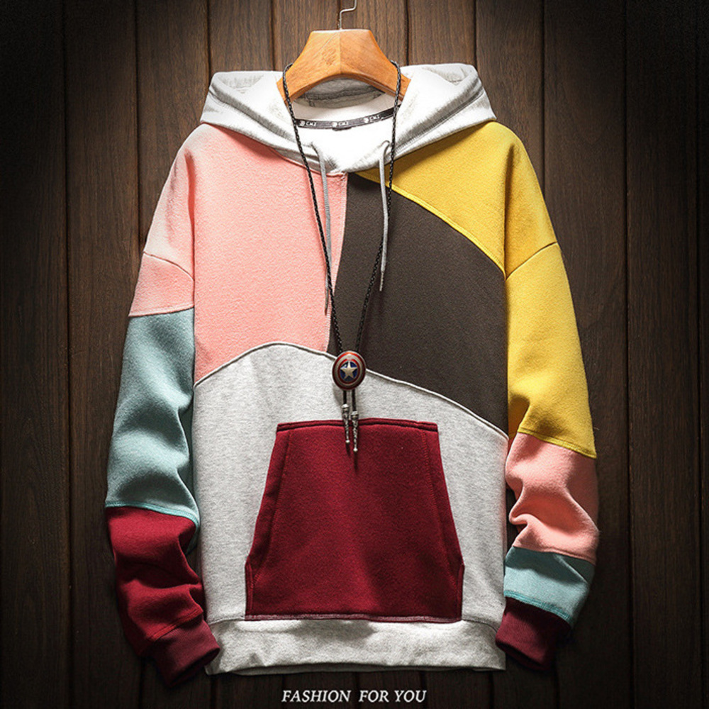 Fleece-lined Pullover Youth Trend Lined Patchwork Hoodie Couple Casual Top Hooded Color Block Sweatshirt