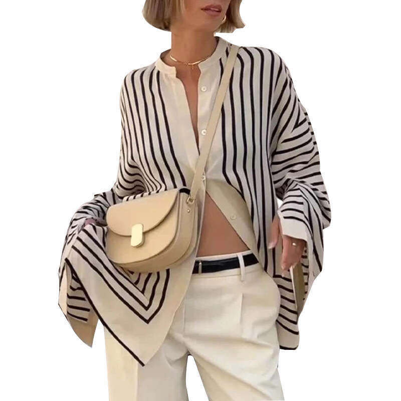 Rui Chuo Cross-Border Amazon Foreign Trade European and American Long Sleeve 2025 Autumn New Striped Loose Cardigan Shirt for Women