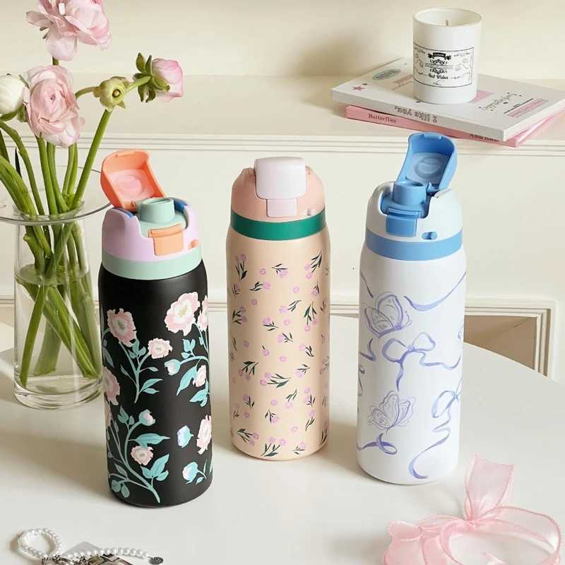 Fashionable cup 32oz Stainless Steel Thermos Water Bottle Cute Travel Vacuum Flasks Thermal Cup With Straw Sports Gym Water Bottle For Wan Y251110