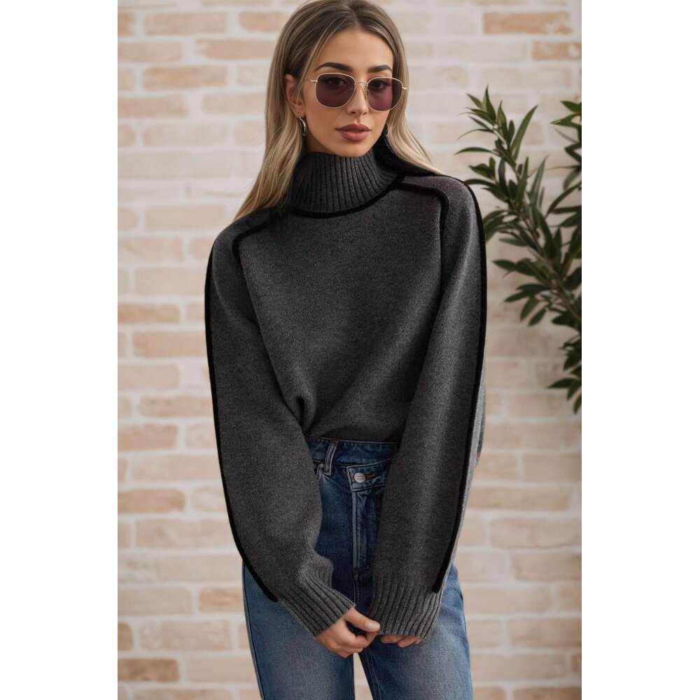 Cross-Border Foreign Trade Women's Fashion Half Turtleneck Raglan Sleeve Top Elegant Line Threaded Base Knitted Sweater for Women