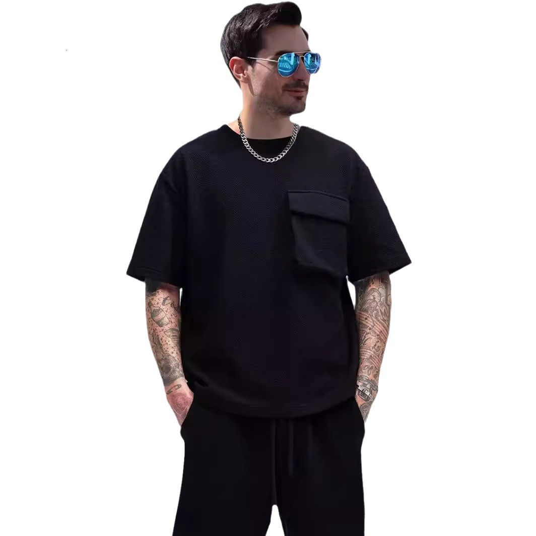 2024 Summer New Sports Set Mens Street Trendy Casual Pocket Short Sleeve Shorts Casual Two Piece Set