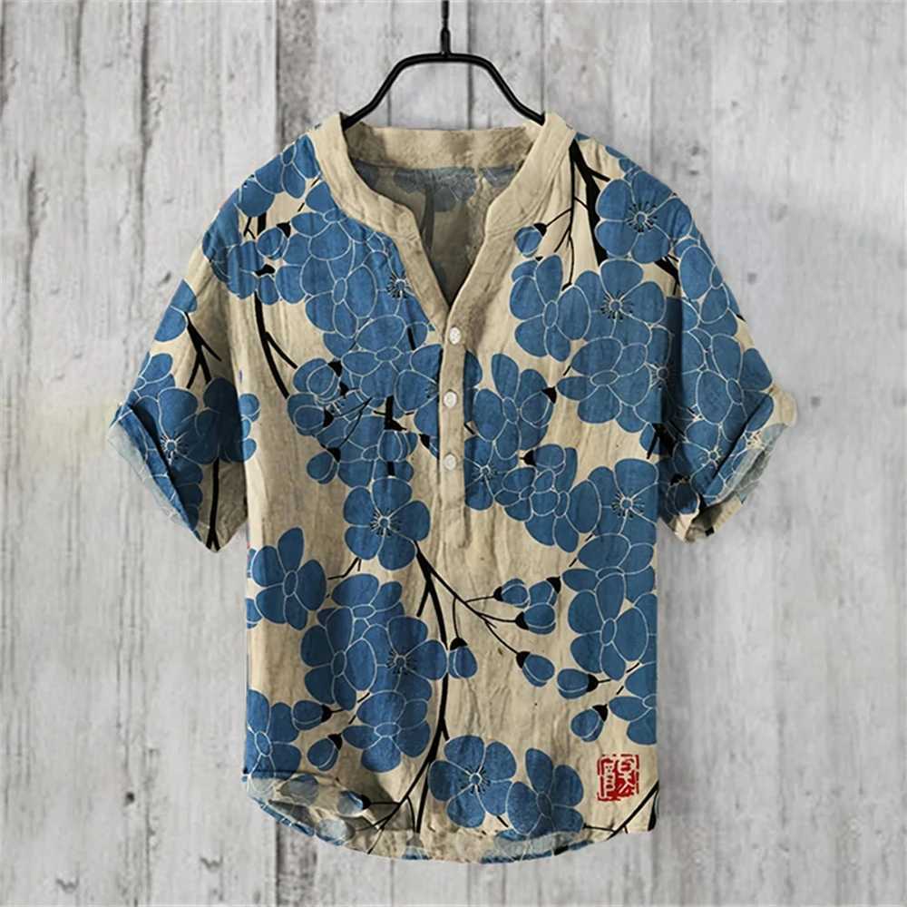 Summer mens short sleeved shirt linen printed shirt European and American popular element printed large shirt S-5XL X250410