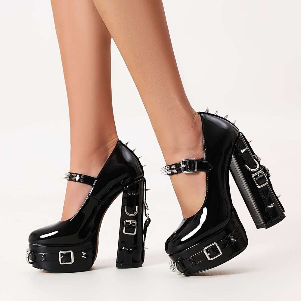 Women's Studded Metal Buckle Platform Heels - Black Synthetic Cover Shoes With Spikes, Round Toe, All-Season Fashion Footwear, Comfortable Rubber