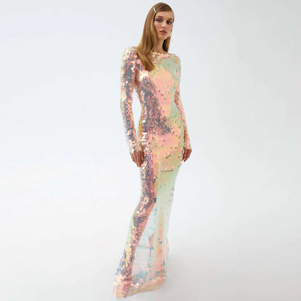 2025 Summer New Fashion Elegant Sexy Backless Mesh Sequin Sleeve Long Night club maxi dress SEXY DRESSES FOR WOMEN