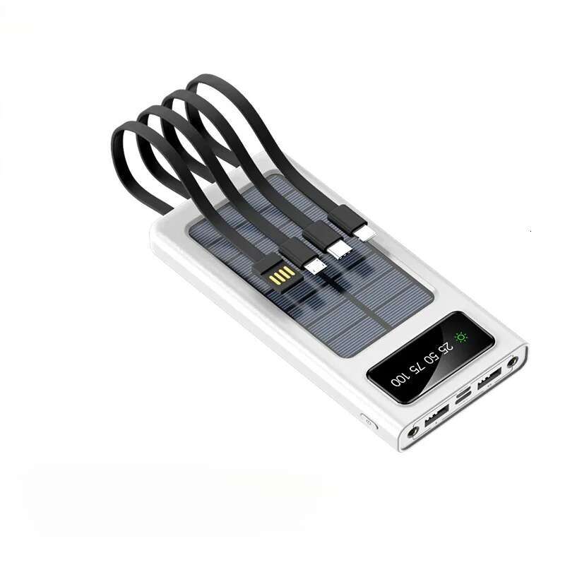 2000000mAh Solar Portable 4 Built-in Cables External Battery LED Light Power Bank For Xiaomi Samsung