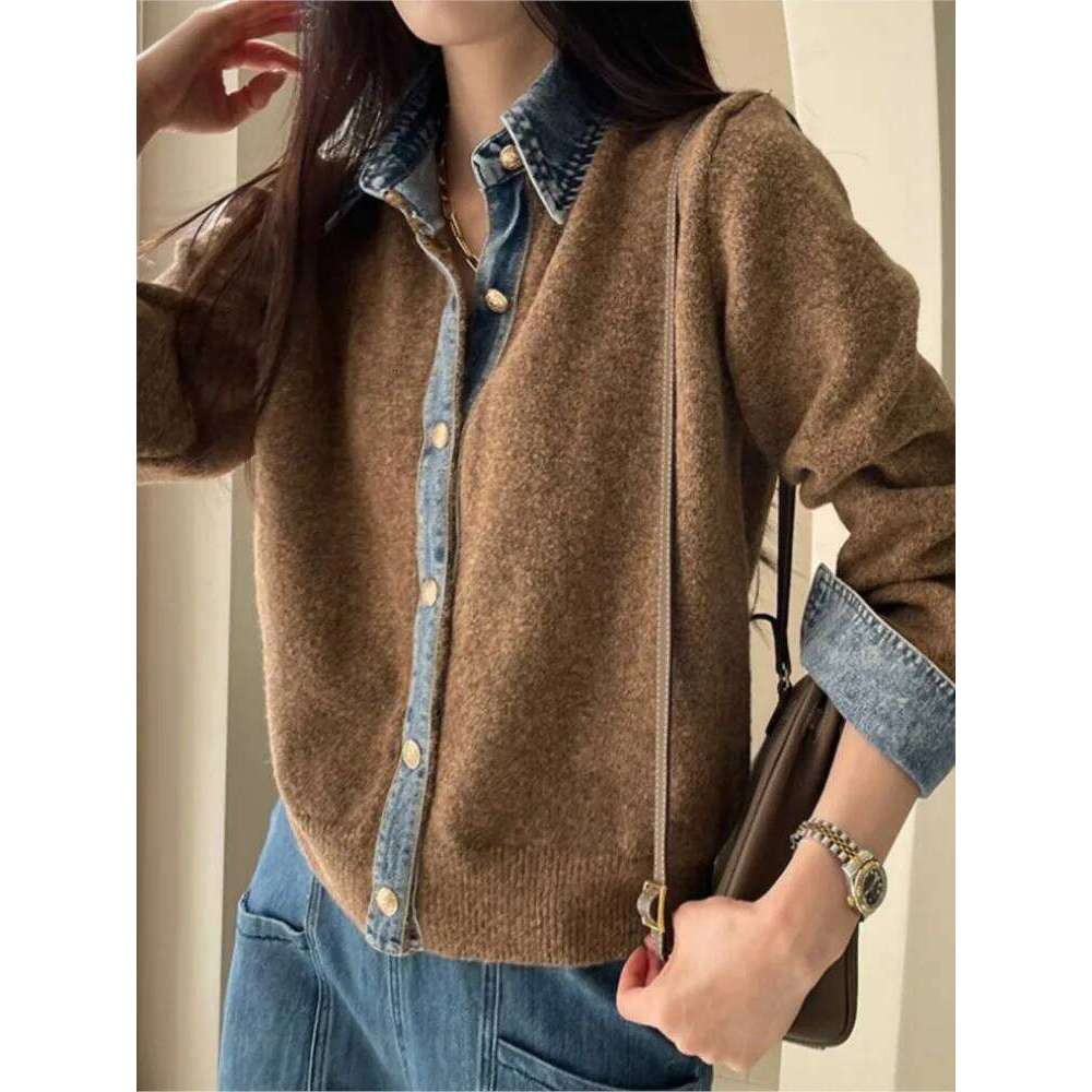 Knitted Autumn Cardigan Women Denim Patchwork Fashion Ladies Cardigans Korean Style Loose Casual Woman Sweater Coats