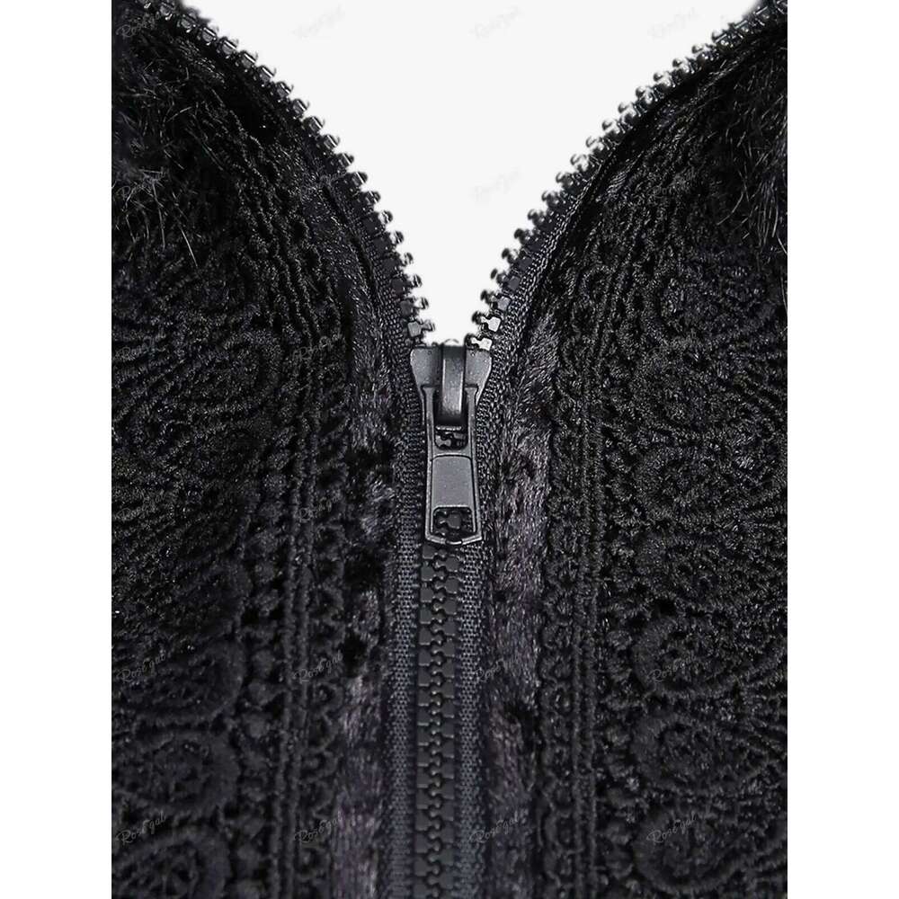 ROSEGAL Plus Size Gothic Coats Black Full Zipper Applique Panel Fur Trim Fluffy Collar Long Sleeves Velvet Coat Outwears