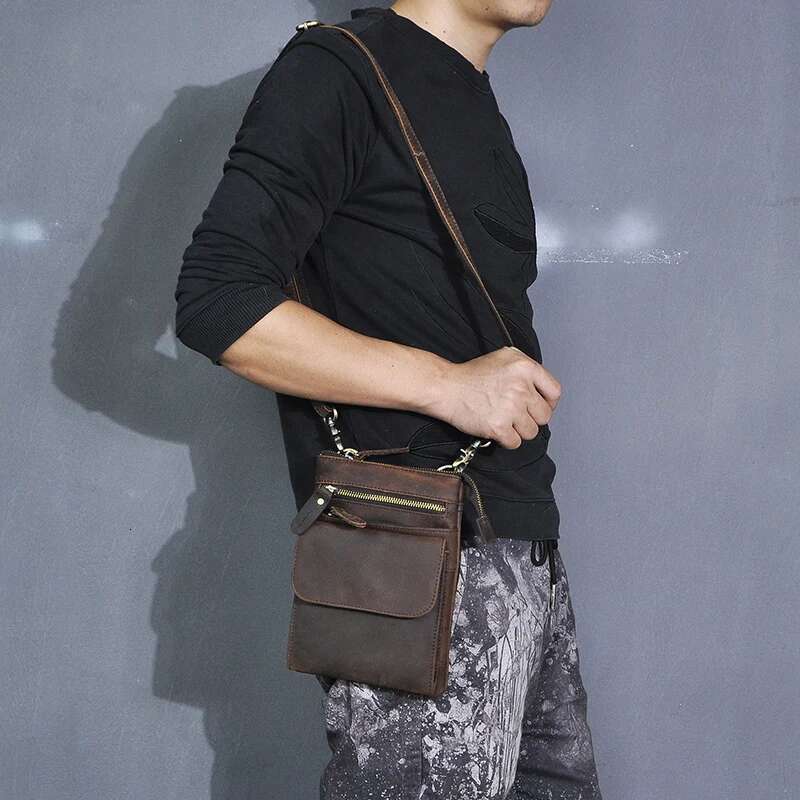 Top Quality Crazy Horse Leather Male Casual Design One Shoulder Messenger Bag Fashion 8" Satchel Summer Small Phone Bag 6553