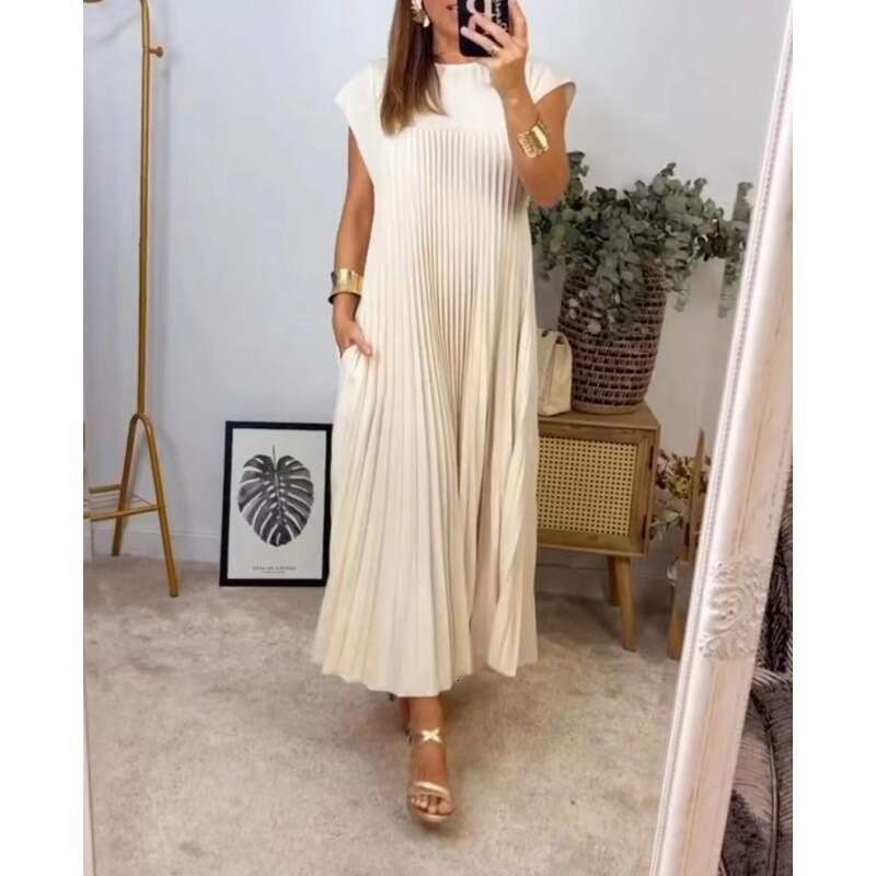 2024 Autumn New Cross-border European and American Women's Clothing Elegant Fashion Round Neck Sleeveless Pleated Long Dress