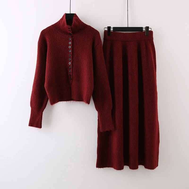 LANMREM Winter Soft Womens Sweater Two Pieces Set SingleBreasted Knitted Top And Elastic Waist Straight Skirt 2DB4274 251110