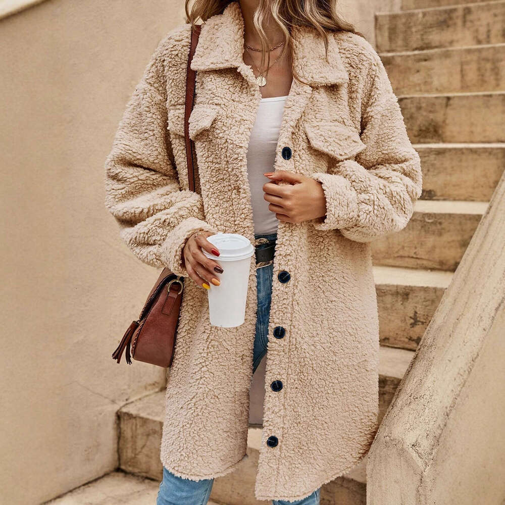 Cross-Border New European and American Winter Open Button Lapel Plush Loose Elegant Commuter Long Coat for Women