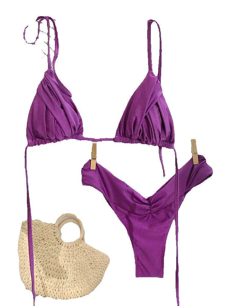 Brazilian pleated bikini set, sexy mini bikini, women's triangle beachwear swimsuit, 2023