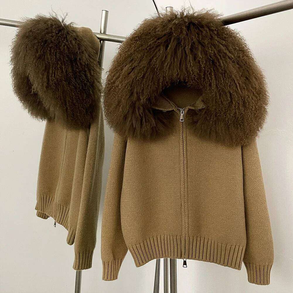 Reality Cardigan Natural Fox Coat Women Real Mongolian Fur Knitwear Female Spring Autumn Hooded Knitted Jacket