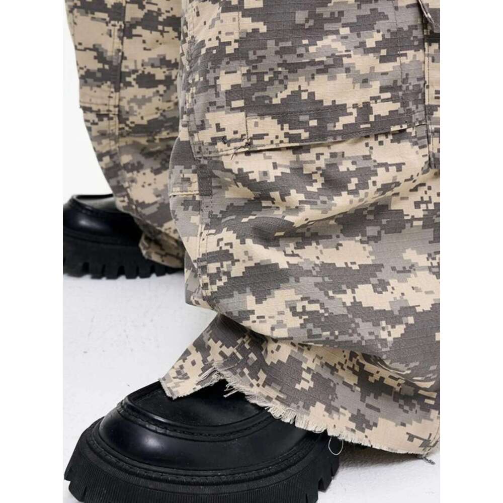 Multi-Pocket Vintage Irregular Rough Edge Toog Loose Camo Wide Leg Baggy Paratrooper Pants Men