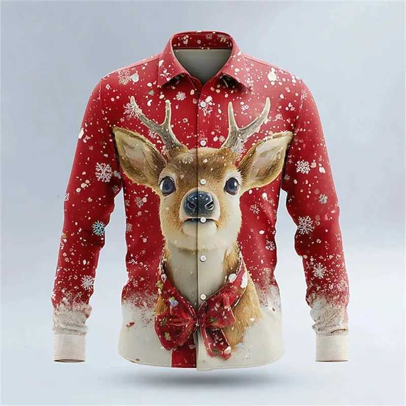 Mens Snowflake Christmas Animal Shirt Long Sleeve Fun Outdoor Holiday Spring Autumn Lapel 3D Printed Lapel Lining Red Blue K251110