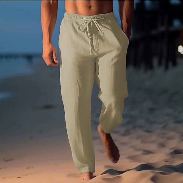 Mens linen pants summer pants beach pants drawstring elastic waist straight tube flat comfortable breathable casual daily wear